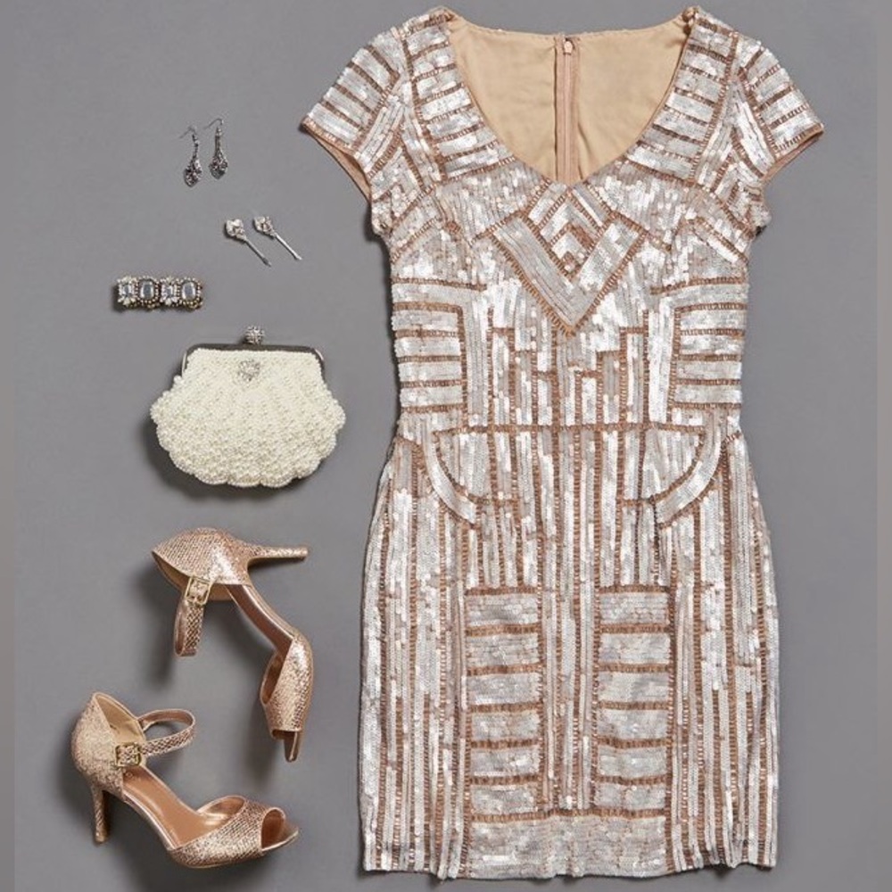 Adrianna Papell Fully Sequined Short Sleeve Cocktail Dress
